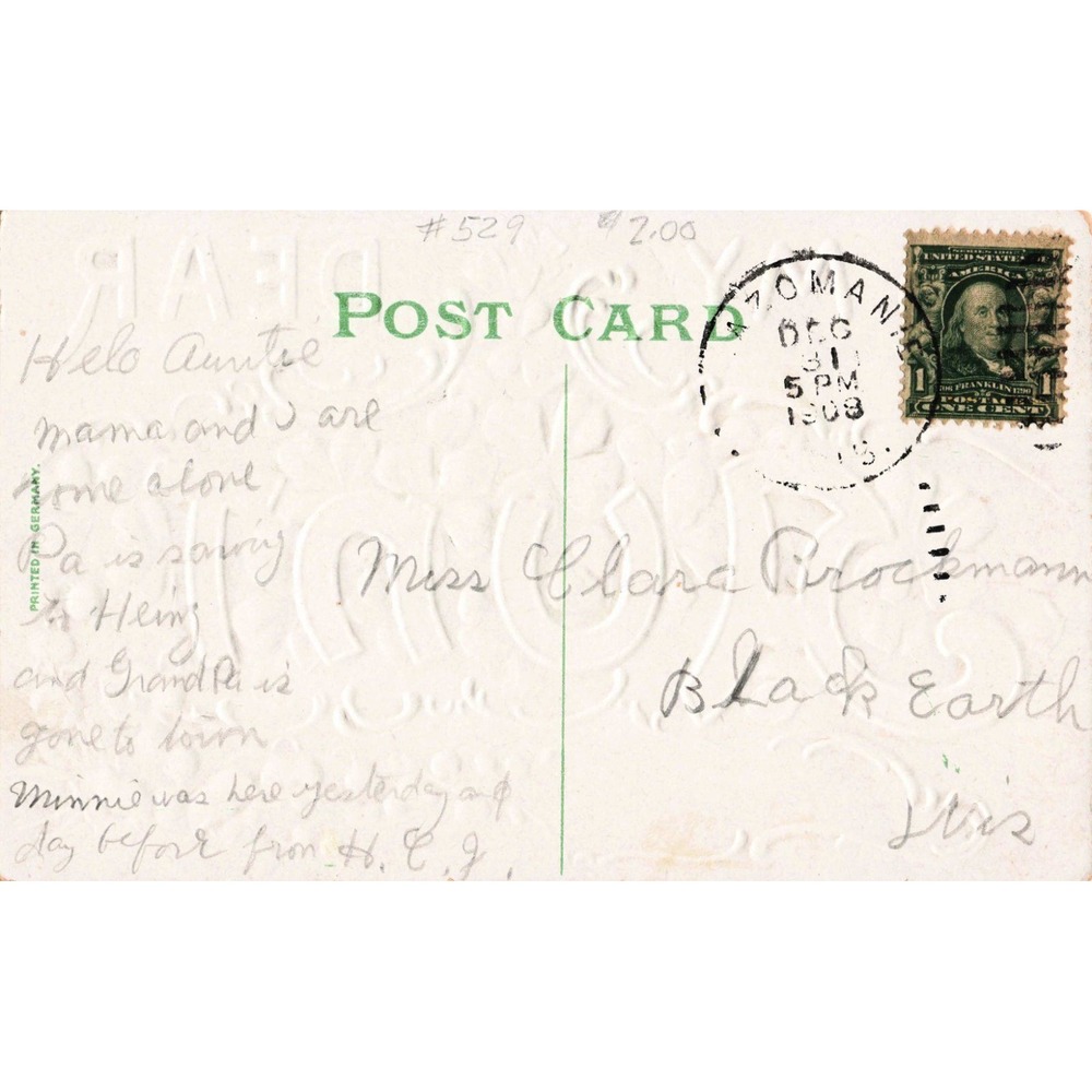 Vtg 1908 To My Dear Aunt Embossed Postcard Clover Lily Germany 1c Stamp - Picture 2 of 2